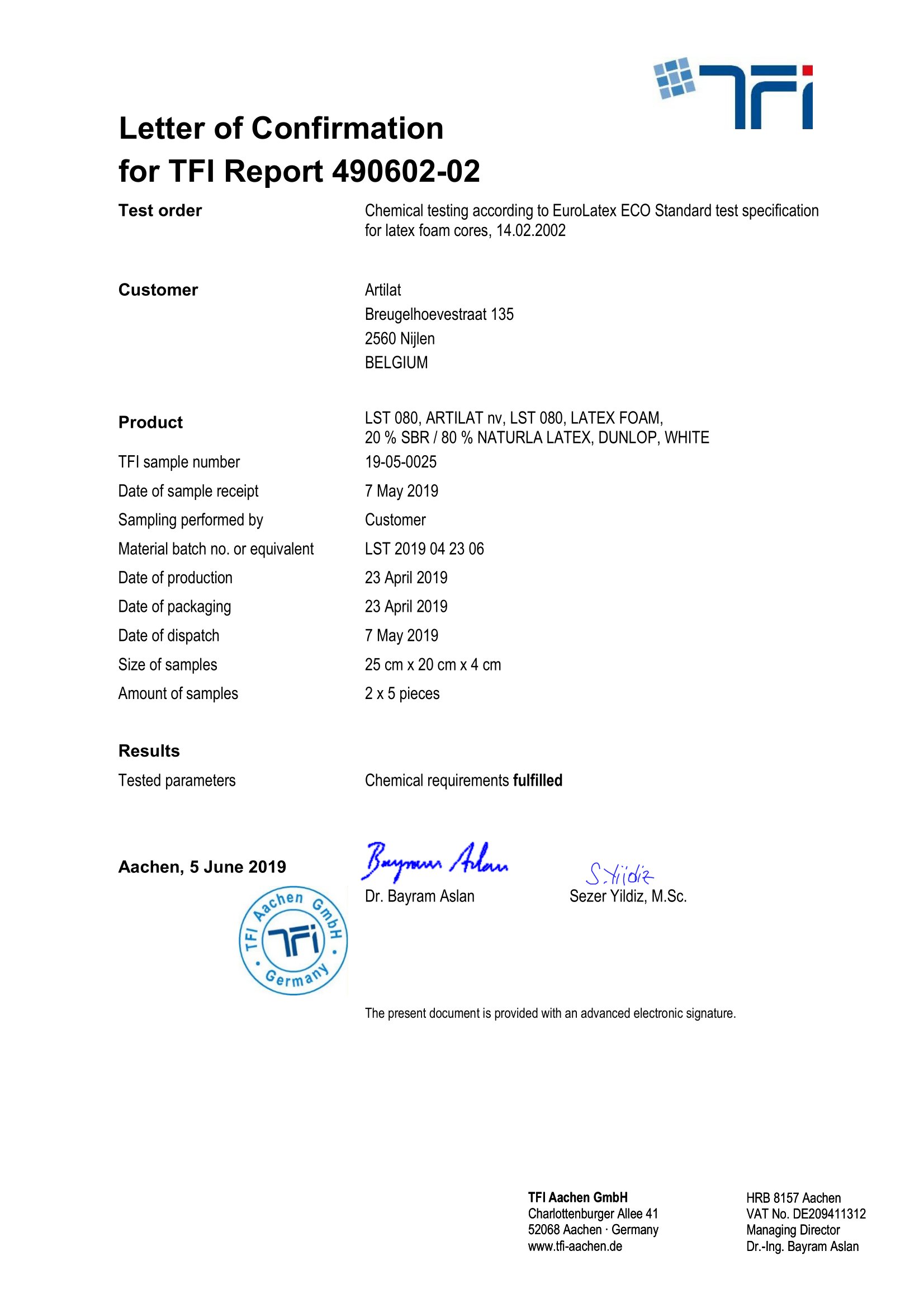 Certificate TFI EUROLATEX LST080 ARTILAT Letter